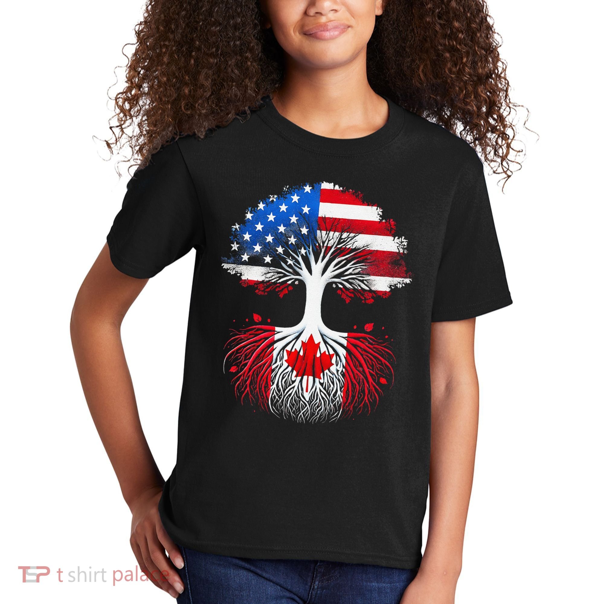 Canadian Roots American Grown Tree Flag Funny Canada Day Kids T-Shirt