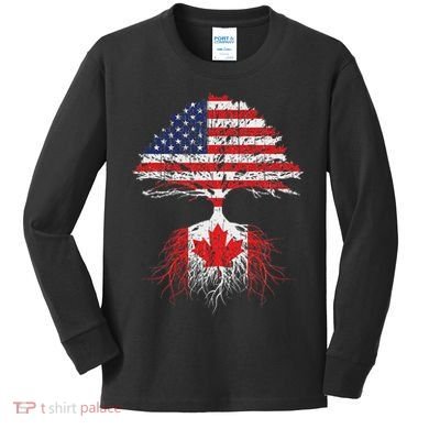 Canadian Roots American Grown Canada Flag Kids Long Sleeve Shirt