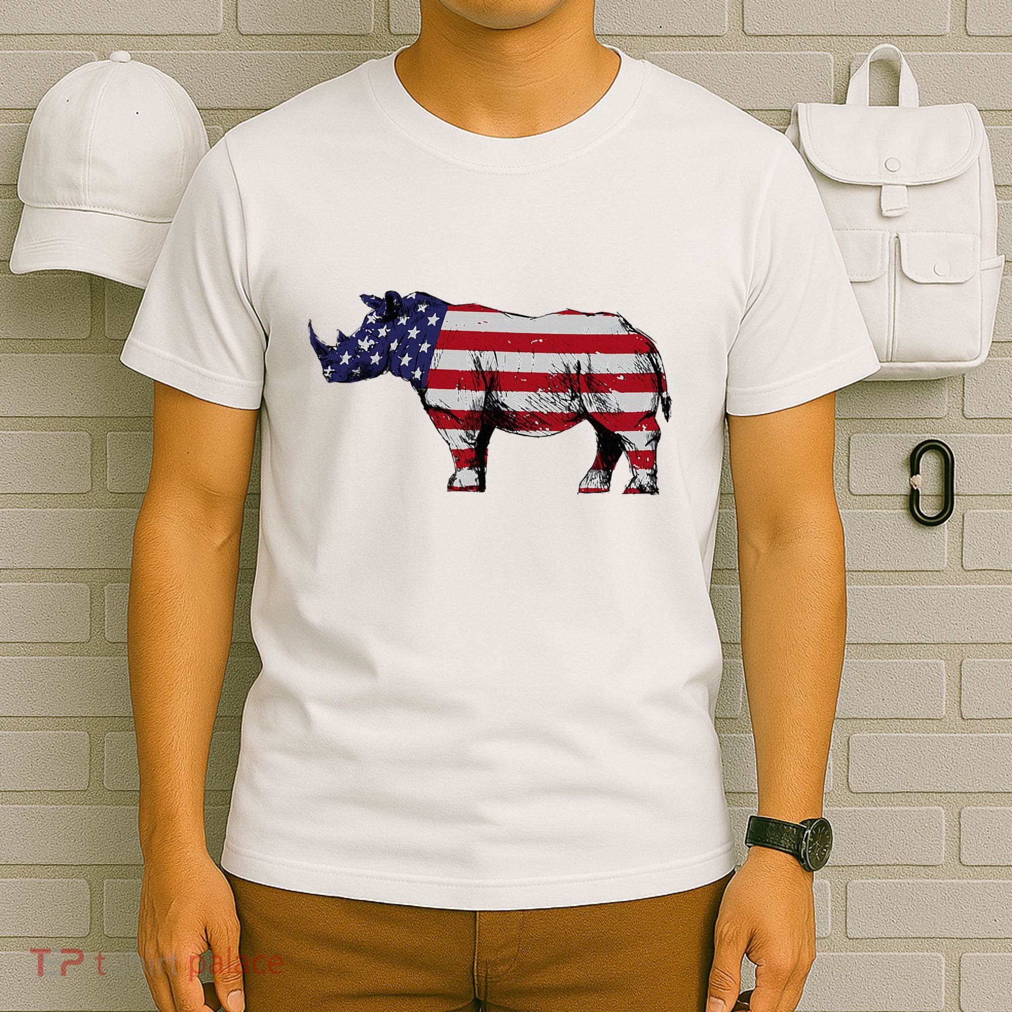 Cool Rhino Art Rhinoceros Usa Flag T-Shirt