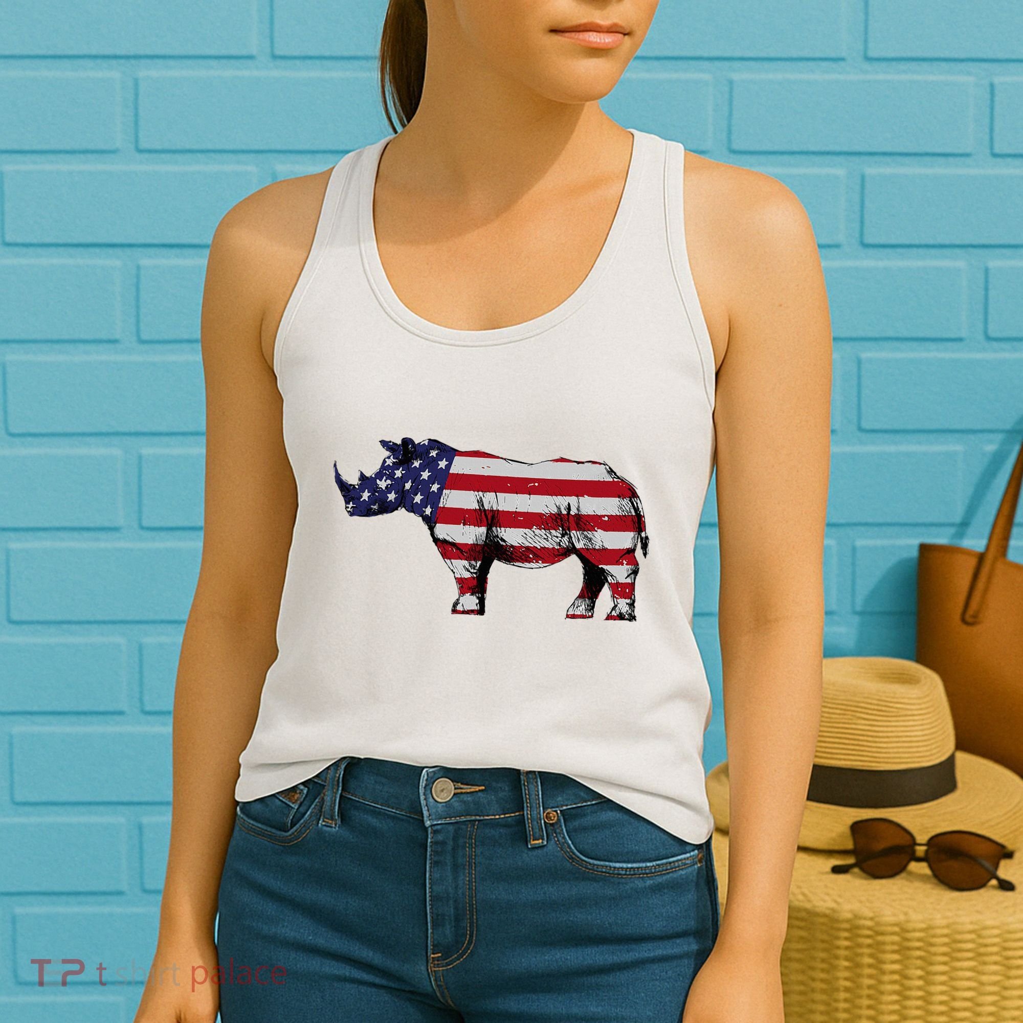 Cool Rhino Art Rhinoceros Usa Flag Women's Tank Top