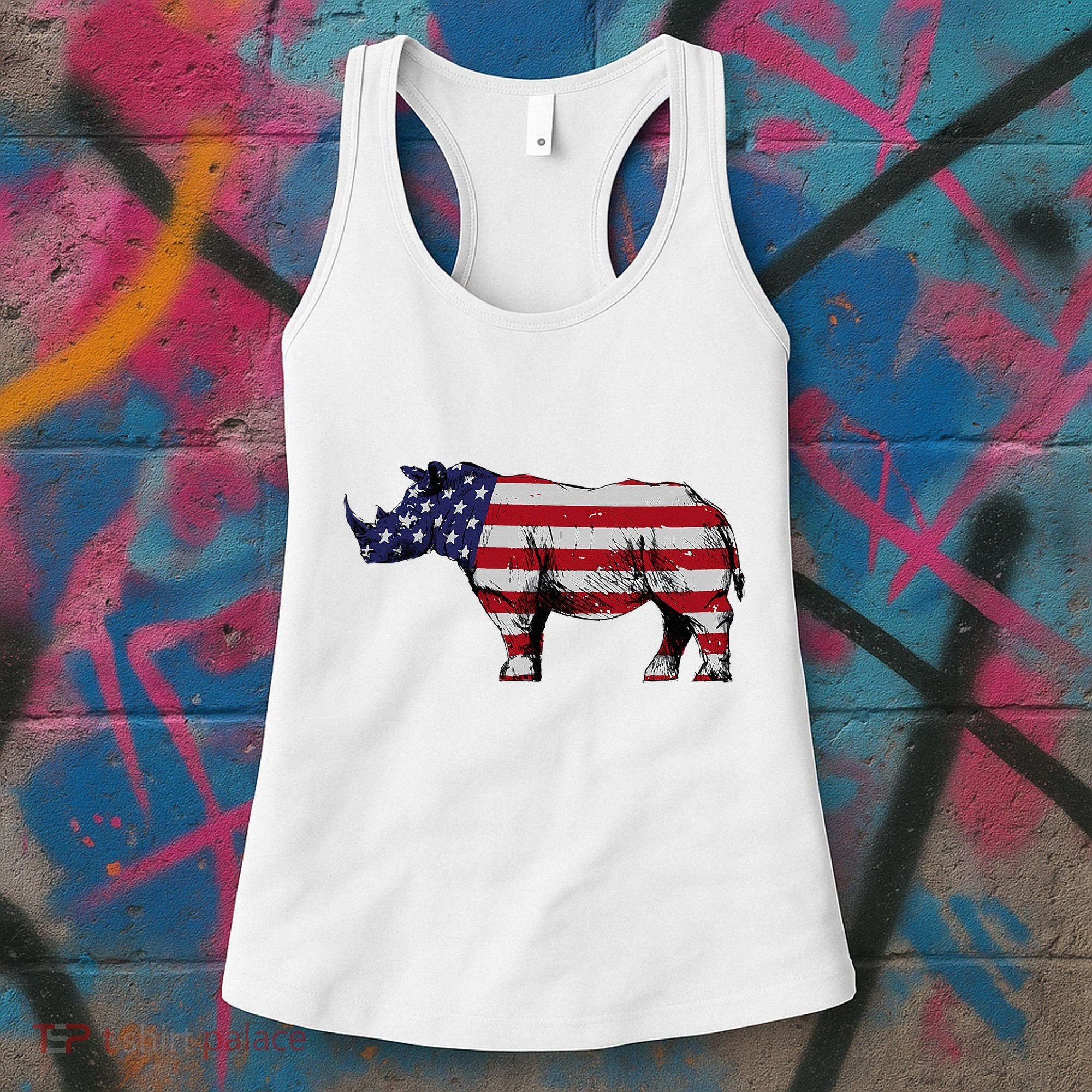 Cool Rhino Art Rhinoceros Usa Flag Women's Tank Top
