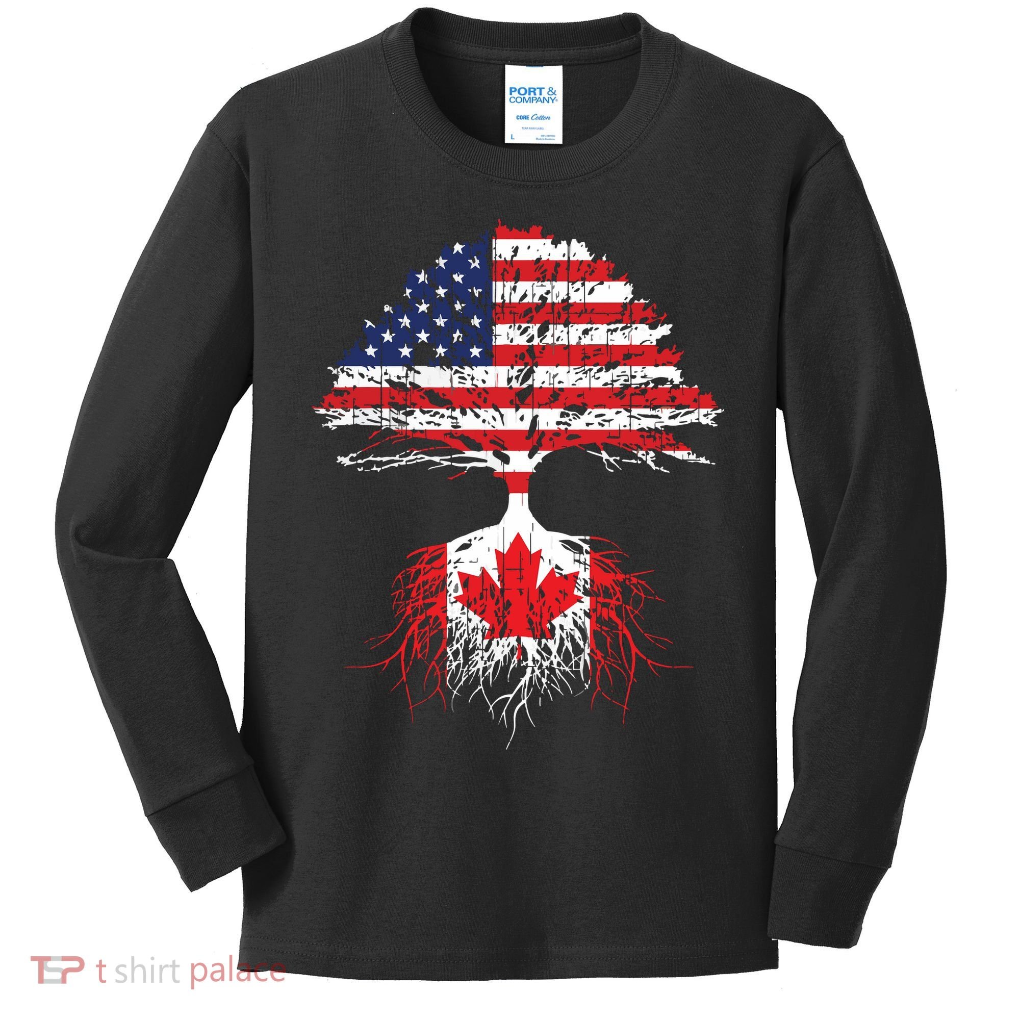 Canadian Roots American Grown Canada Flag Kids Long Sleeve Shirt