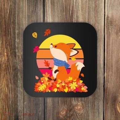 Cute Retro Autumn Fall Leaves Baby Fox Coaster