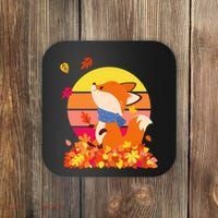 Cute Retro Autumn Fall Leaves Baby Fox Coaster thumb 0