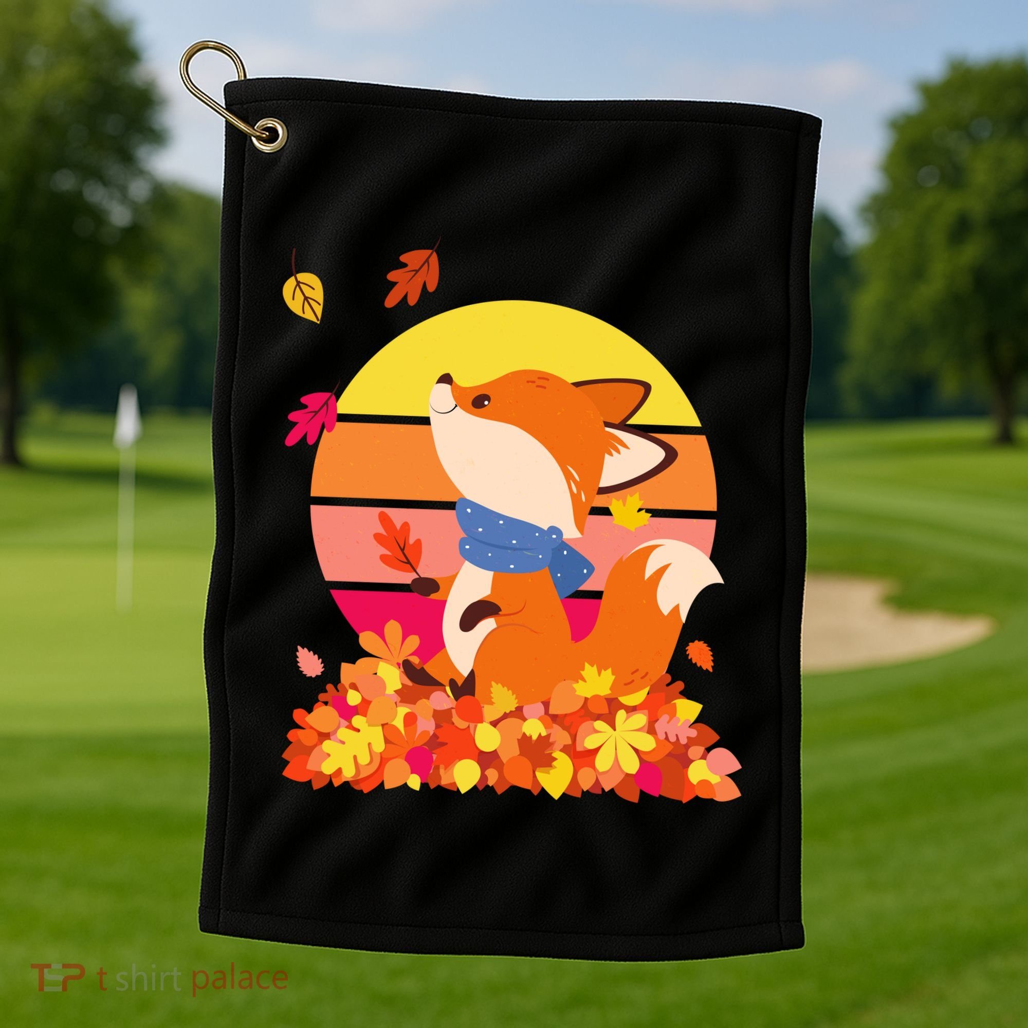 Cute Retro Autumn Fall Leaves Baby Fox Golf Towel