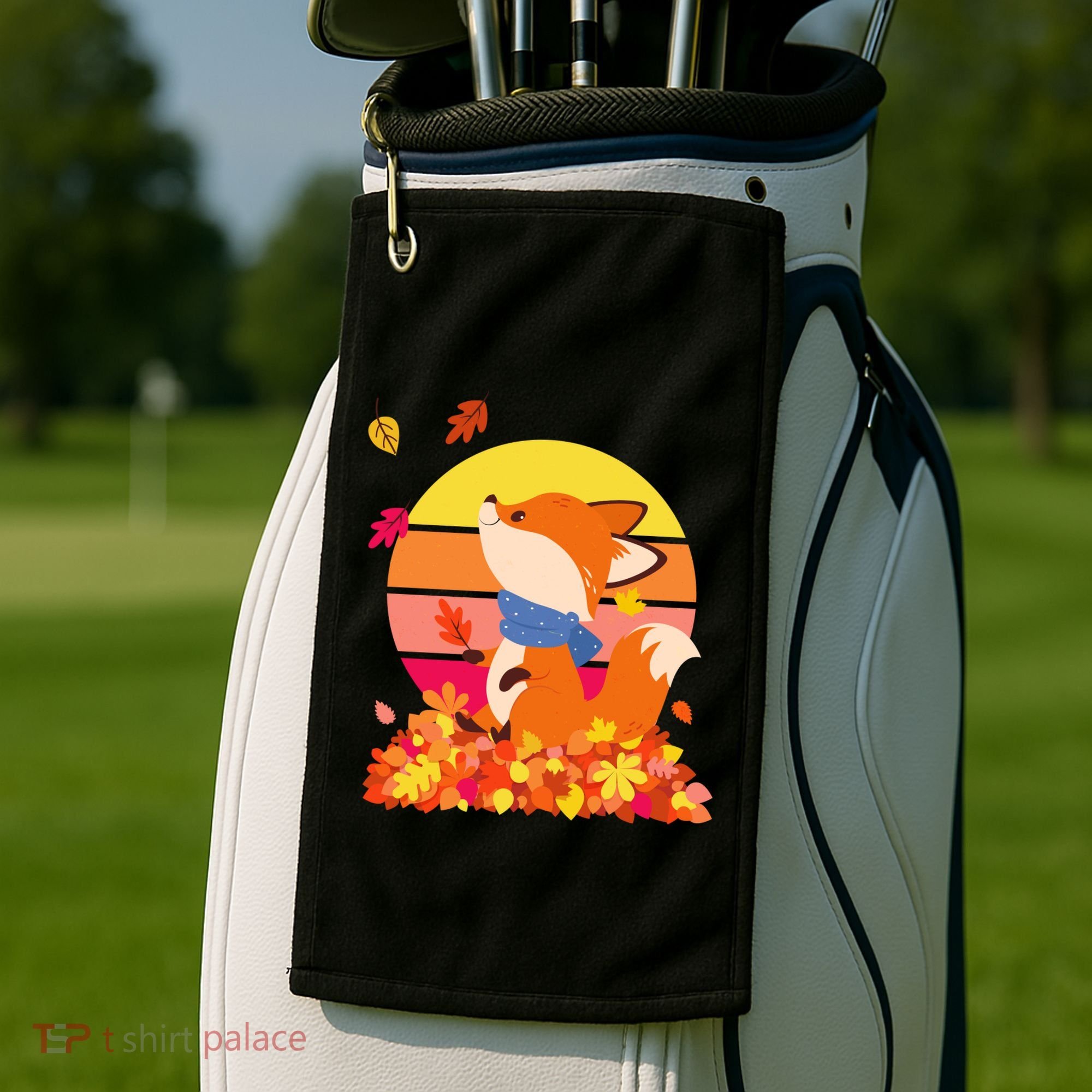 Cute Retro Autumn Fall Leaves Baby Fox Golf Towel