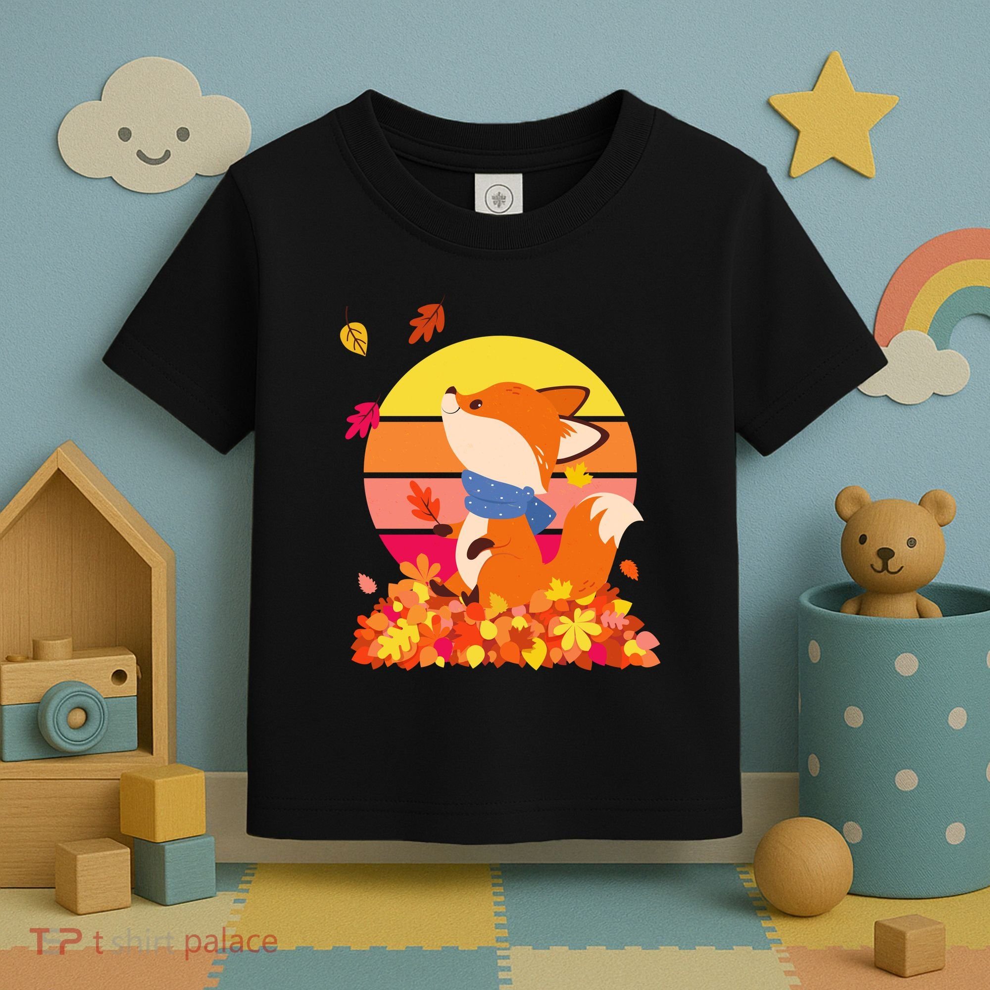 Cute Retro Autumn Fall Leaves Baby Fox Toddler T-Shirt