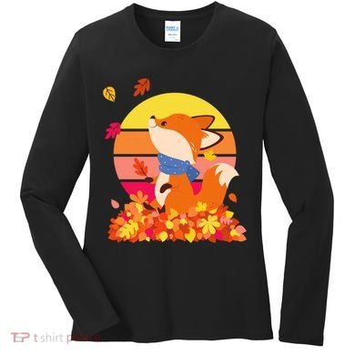 Cute Retro Autumn Fall Leaves Baby Fox Women's Long Sleeve Shirt