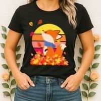 Cute Retro Autumn Fall Leaves Baby Fox Women's T-Shirt thumb 2