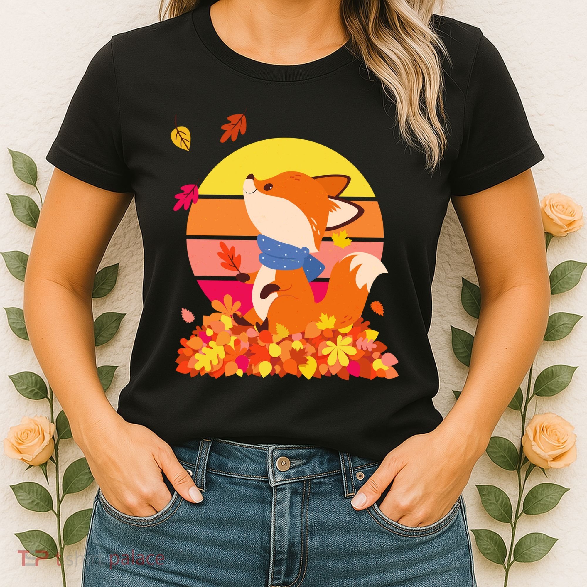 Cute Retro Autumn Fall Leaves Baby Fox Women's T-Shirt