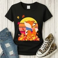 Cute Retro Autumn Fall Leaves Baby Fox Women's T-Shirt thumb 3