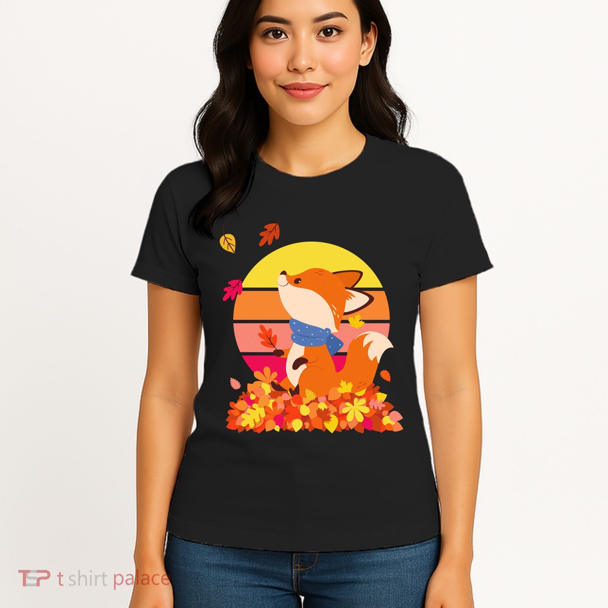 Cute Retro Autumn Fall Leaves Baby Fox Women's T-Shirt