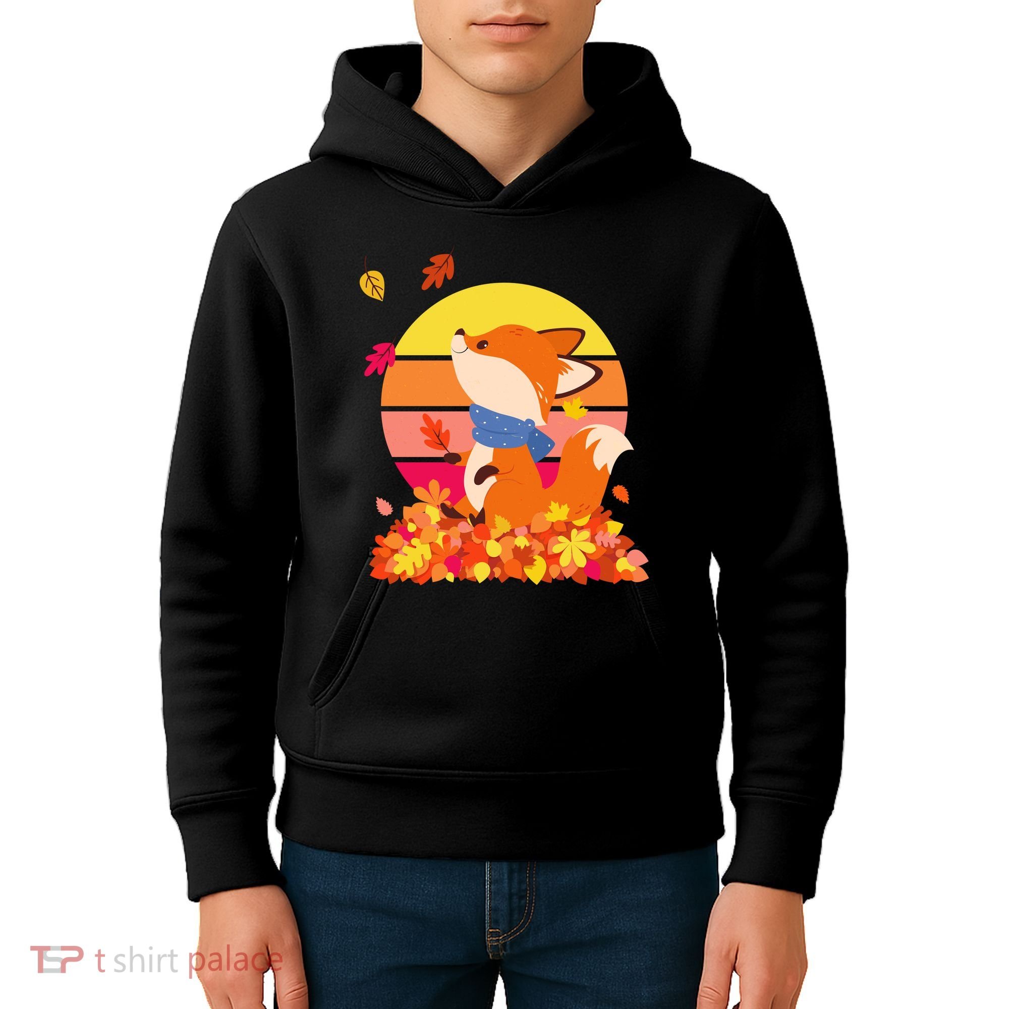 Cute Retro Autumn Fall Leaves Baby Fox Kids Hoodie