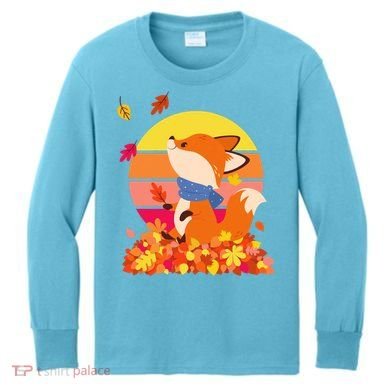 Cute Retro Autumn Fall Leaves Baby Fox Kids Long Sleeve Shirt