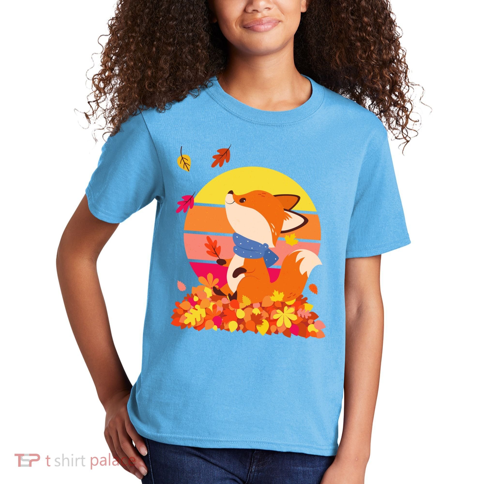 Cute Retro Autumn Fall Leaves Baby Fox Kids T-Shirt