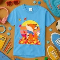 Cute Retro Autumn Fall Leaves Baby Fox Kids T-Shirt thumb 3