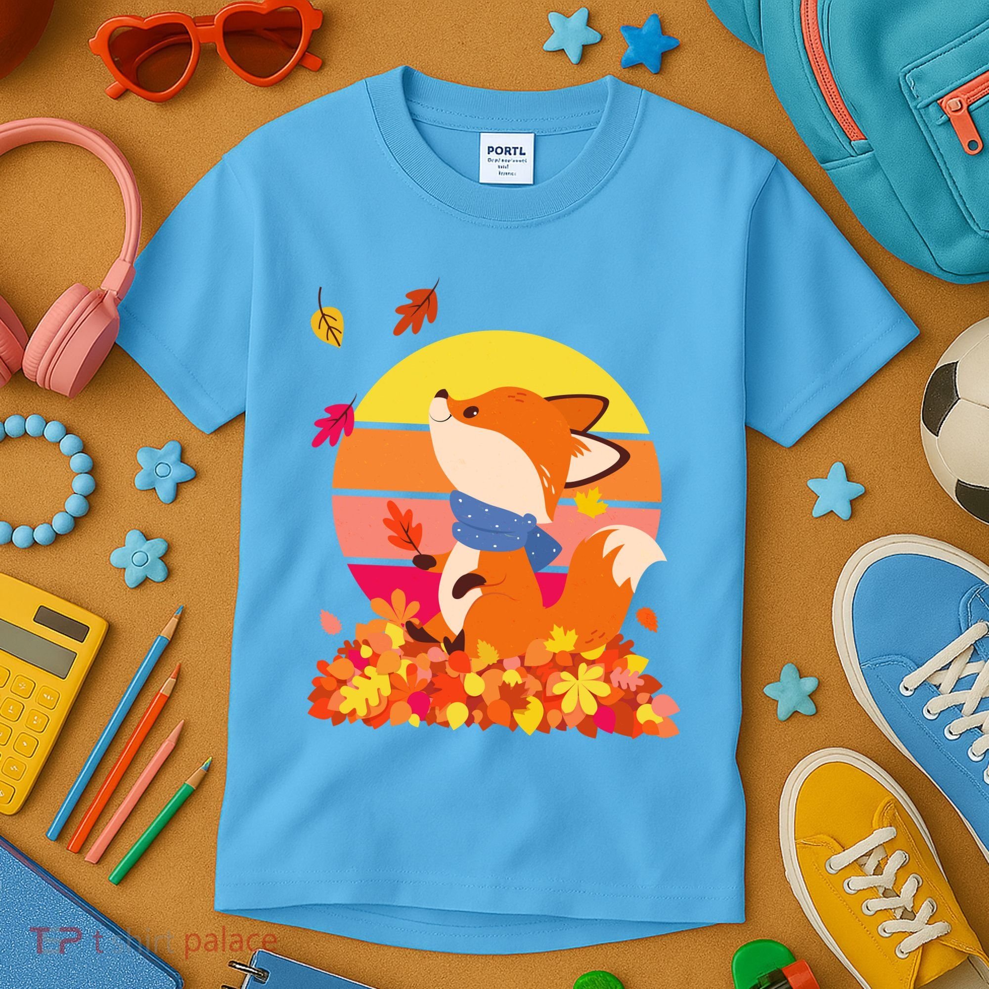 Cute Retro Autumn Fall Leaves Baby Fox Kids T-Shirt