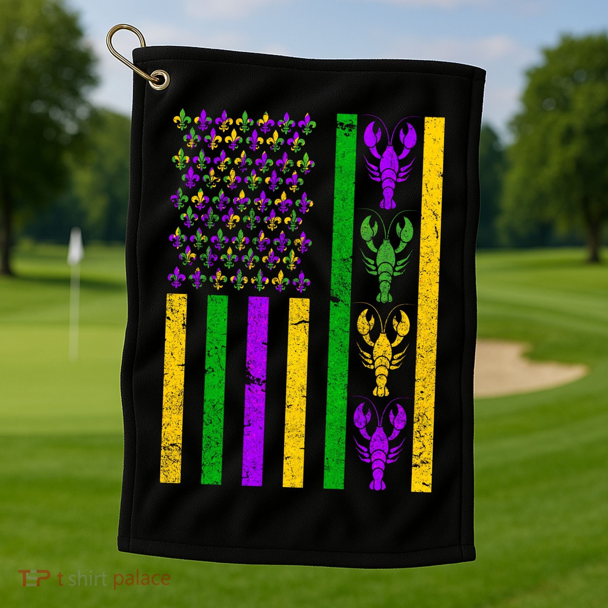 Crawfish Fleur-De-Lis Flag Mardi Gras Golf Towel
