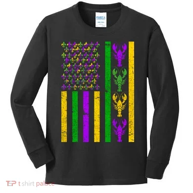 Crawfish Fleur-De-Lis Flag Mardi Gras Kids Long Sleeve Shirt