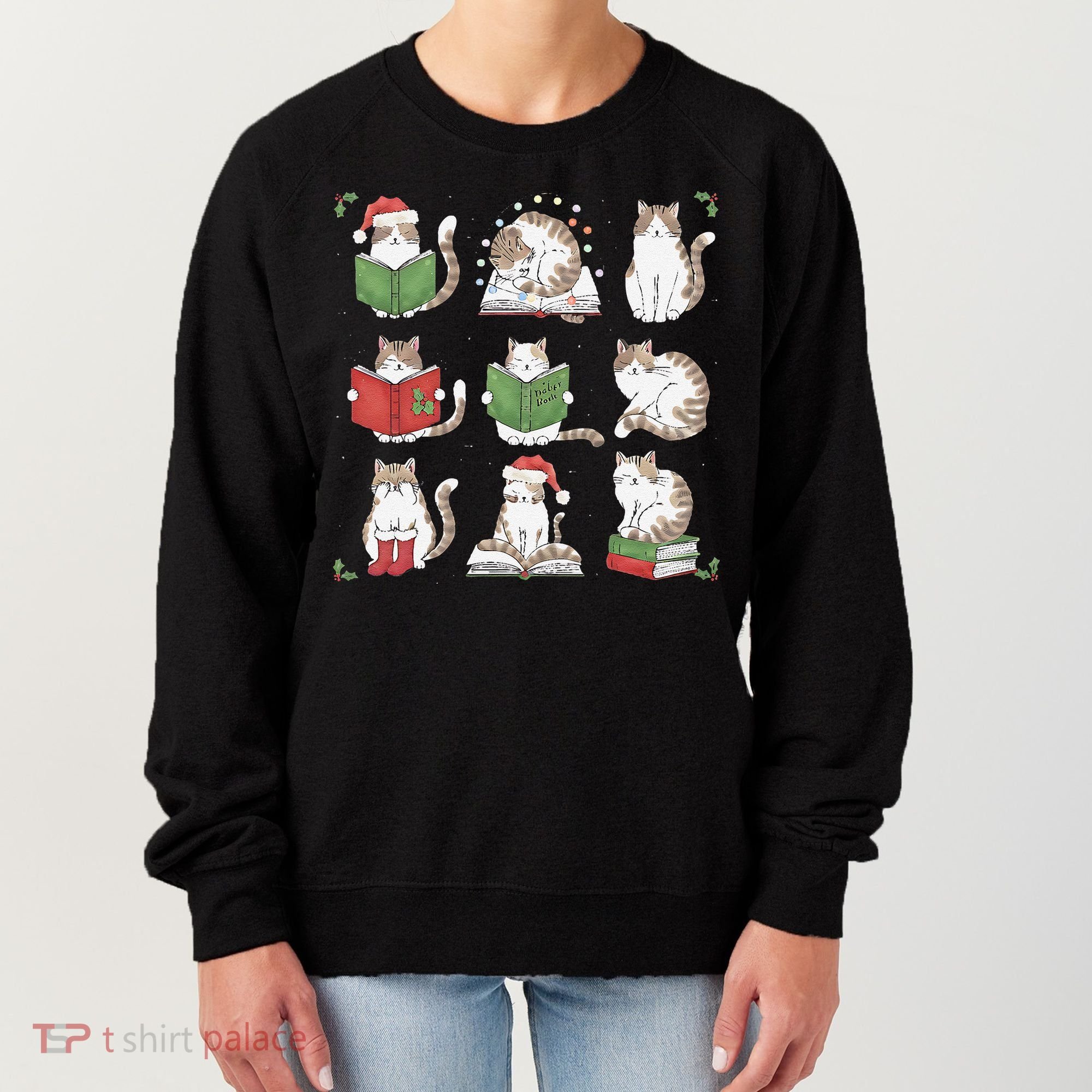 Cat Reading Book Funny Christmas Cat Book Lover Librarian Women's Sweatshirt
