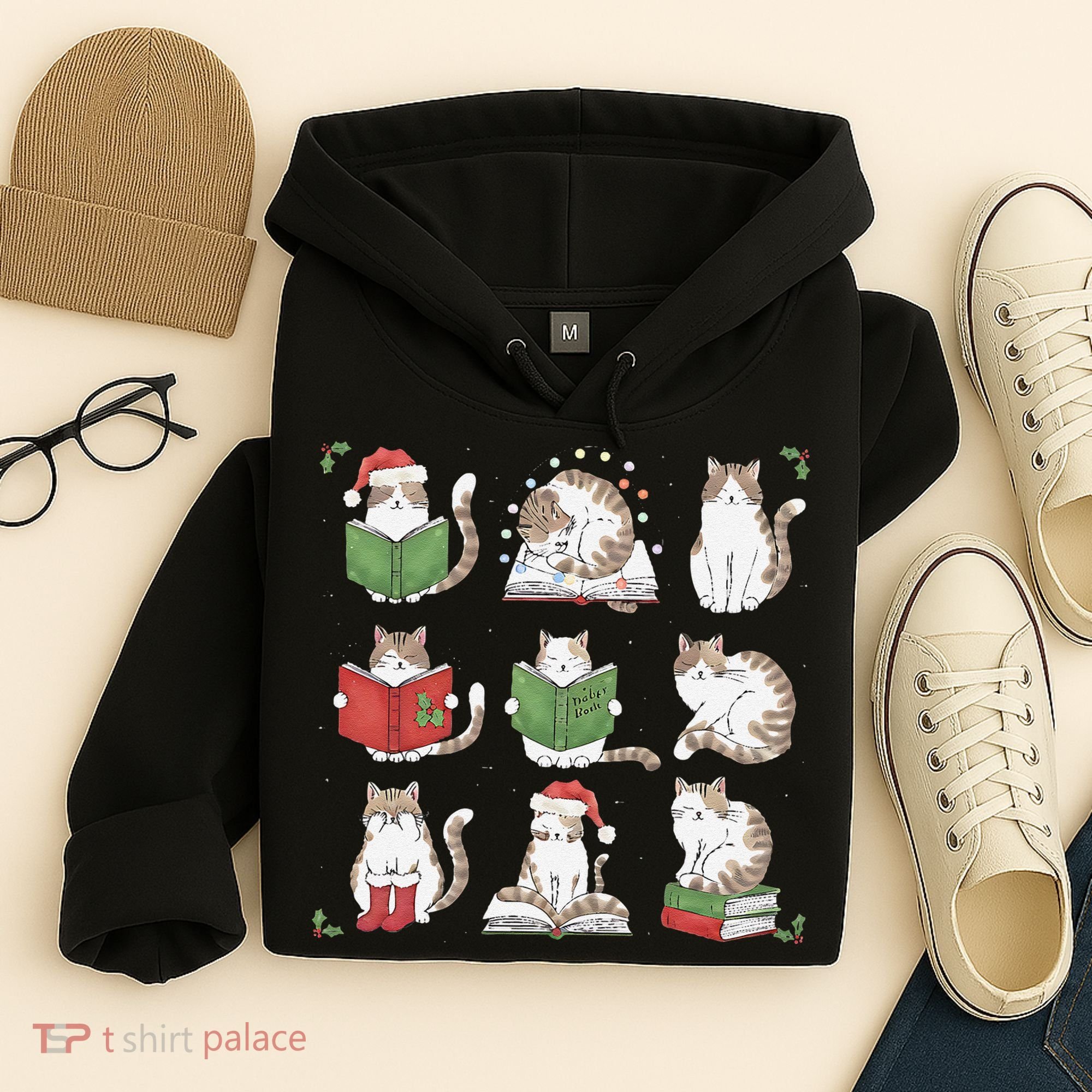 Cat Reading Book Funny Christmas Cat Book Lover Librarian Hoodie