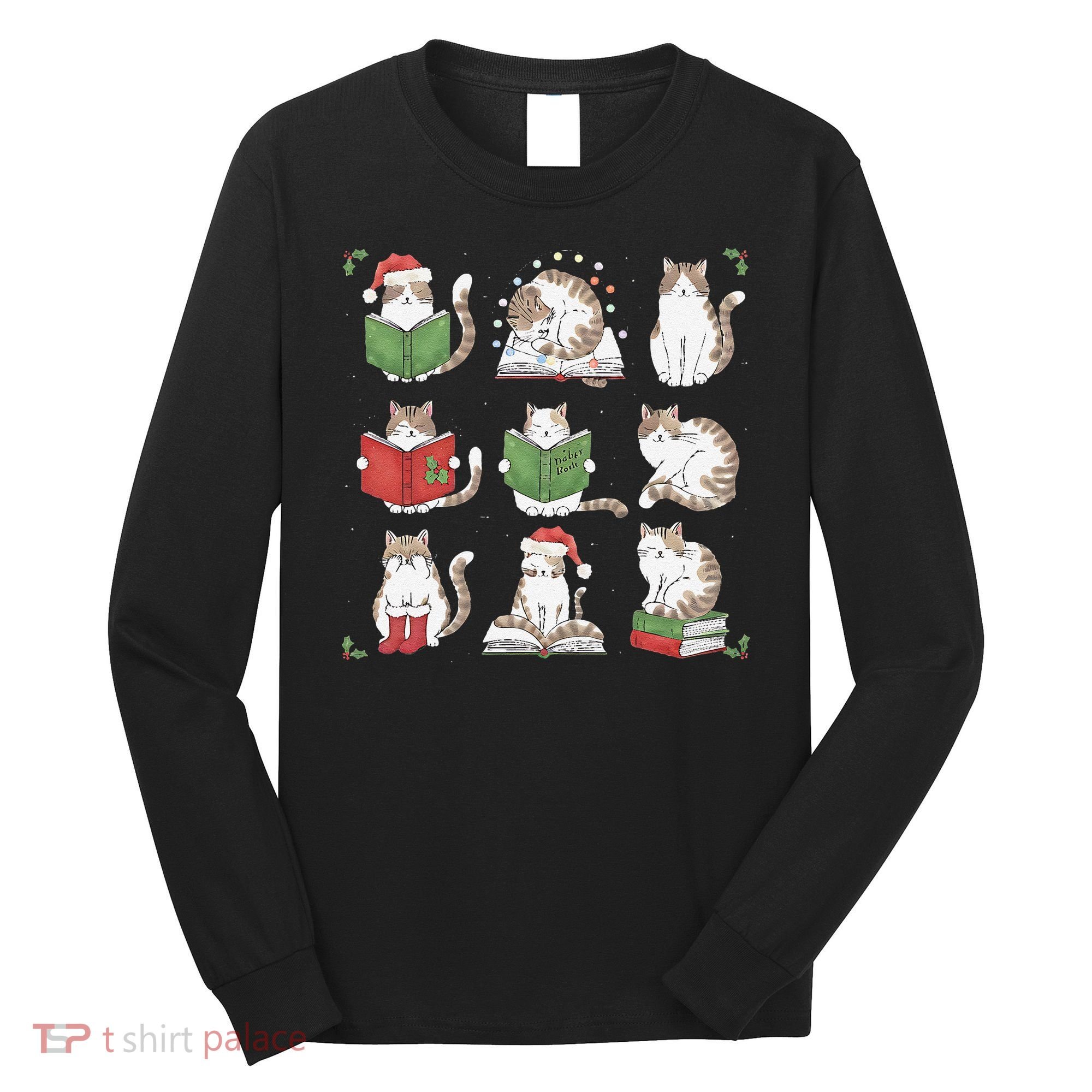 Cat Reading Book Funny Christmas Cat Book Lover Librarian Long Sleeve Shirt