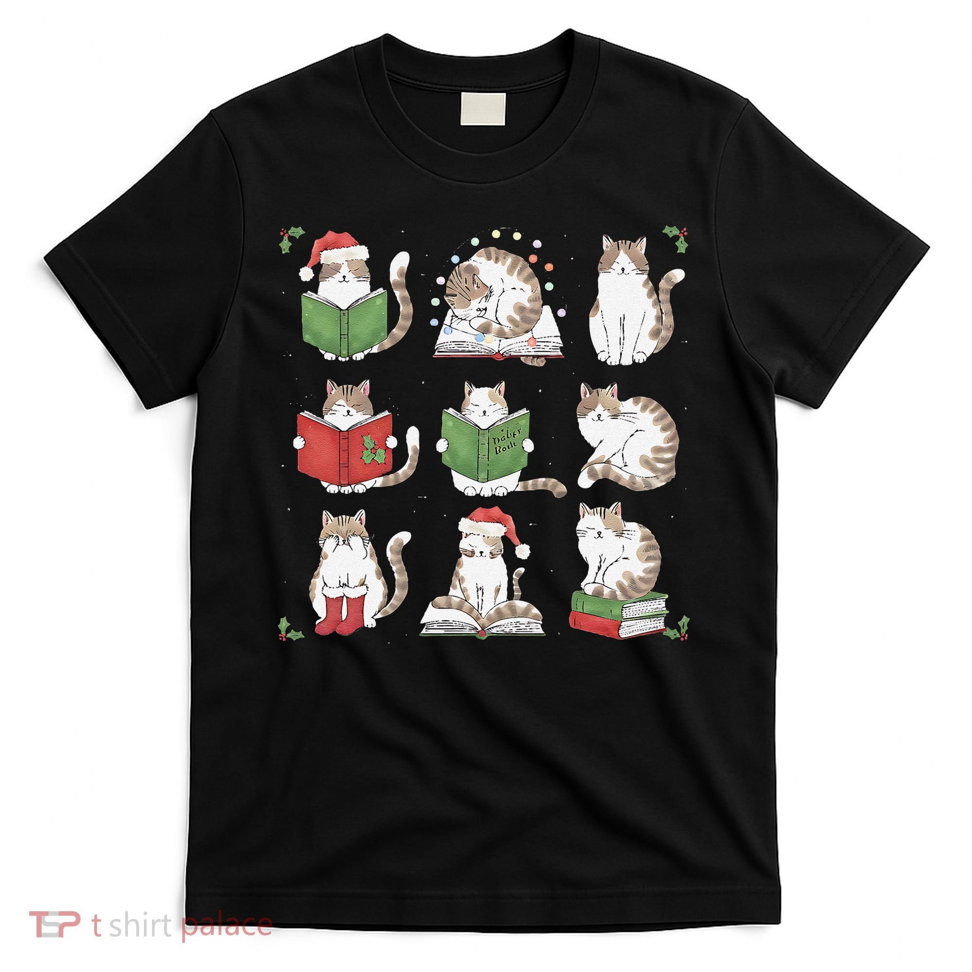 Cat Reading Book Funny Christmas Cat Book Lover Librarian T-Shirt