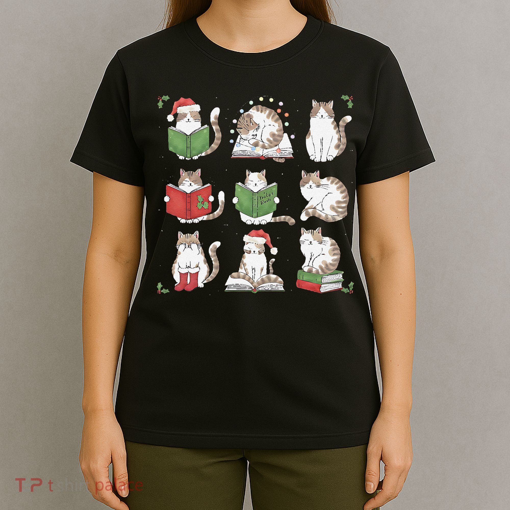 Cat Reading Book Funny Christmas Cat Book Lover Librarian T-Shirt