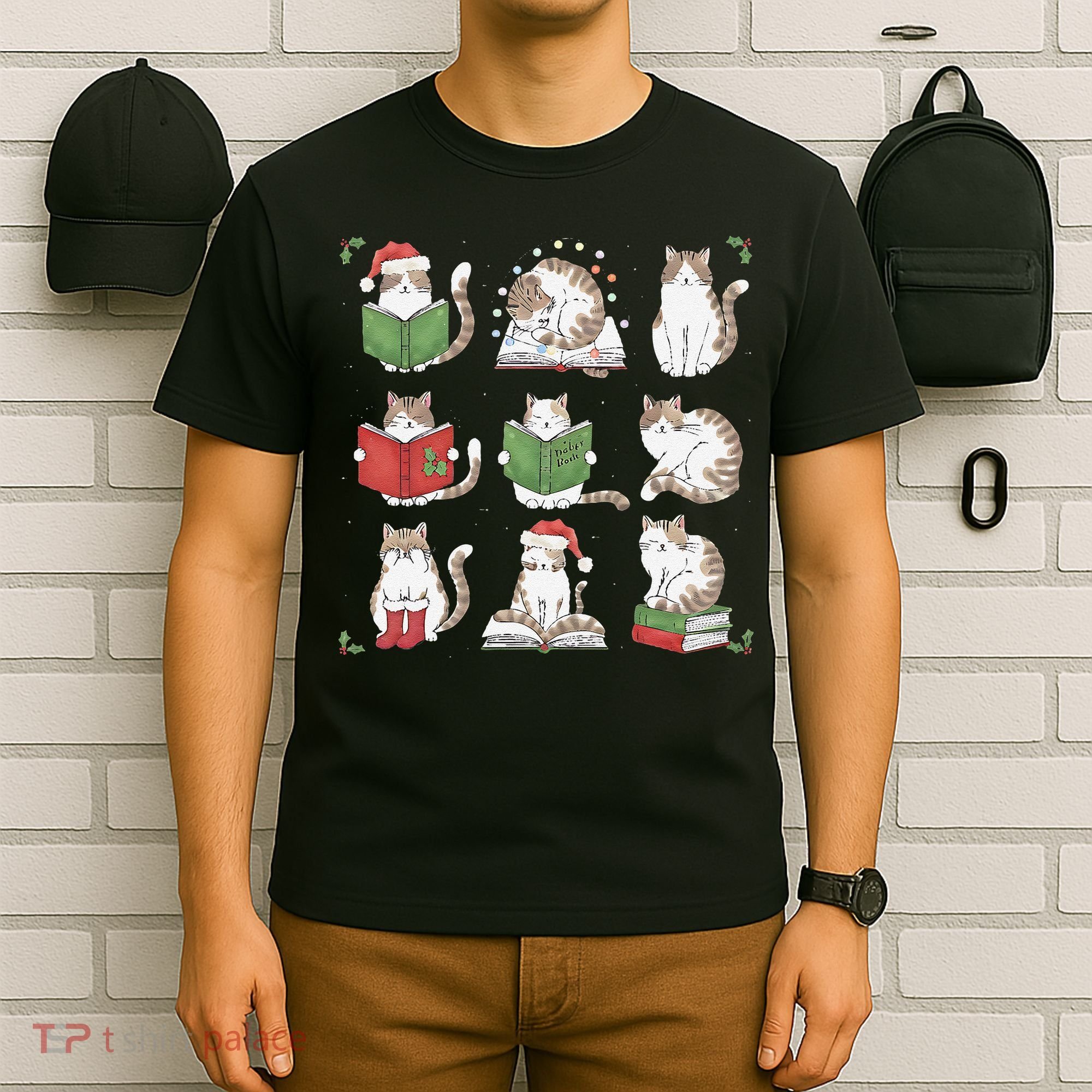 Cat Reading Book Funny Christmas Cat Book Lover Librarian T-Shirt