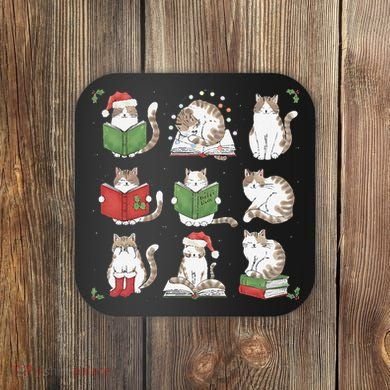 Cat Reading Book Funny Christmas Cat Book Lover Librarian Coaster