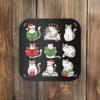 Cat Reading Book Funny Christmas Cat Book Lover Librarian Coaster thumb 0