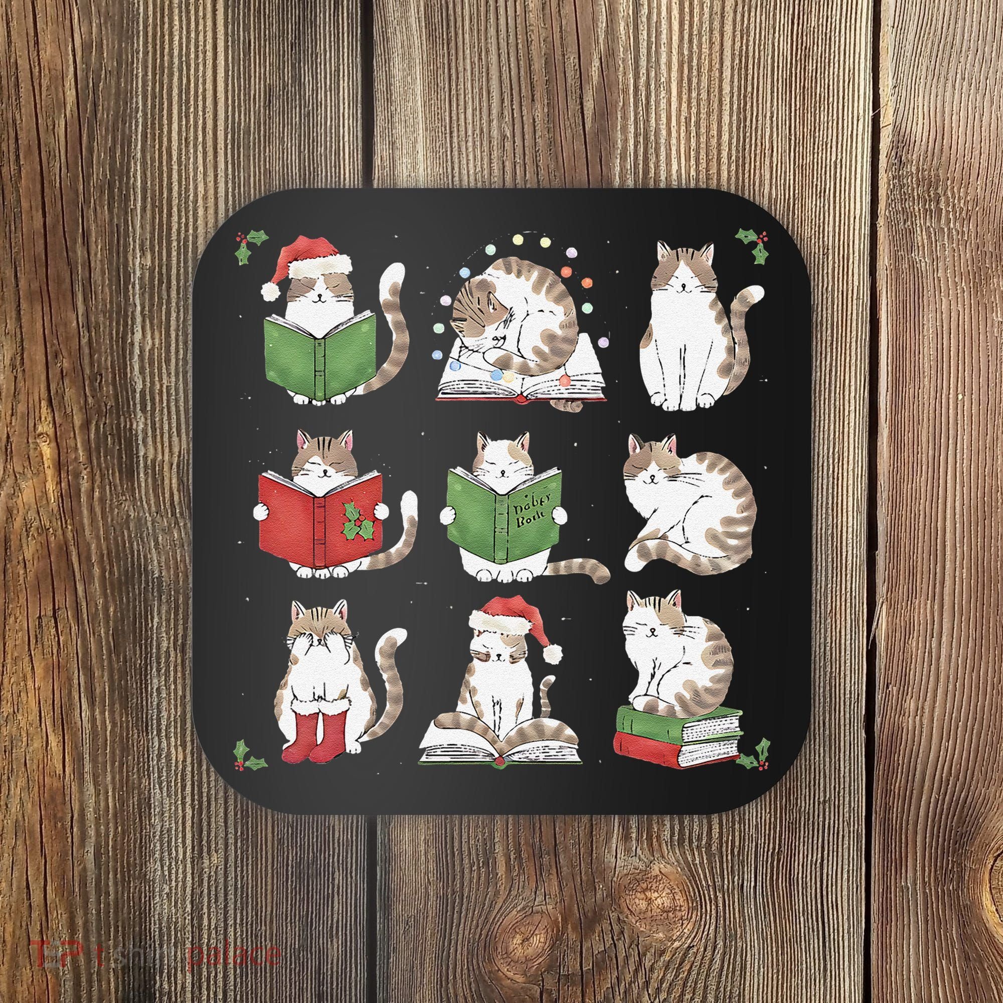 Cat Reading Book Funny Christmas Cat Book Lover Librarian Coaster