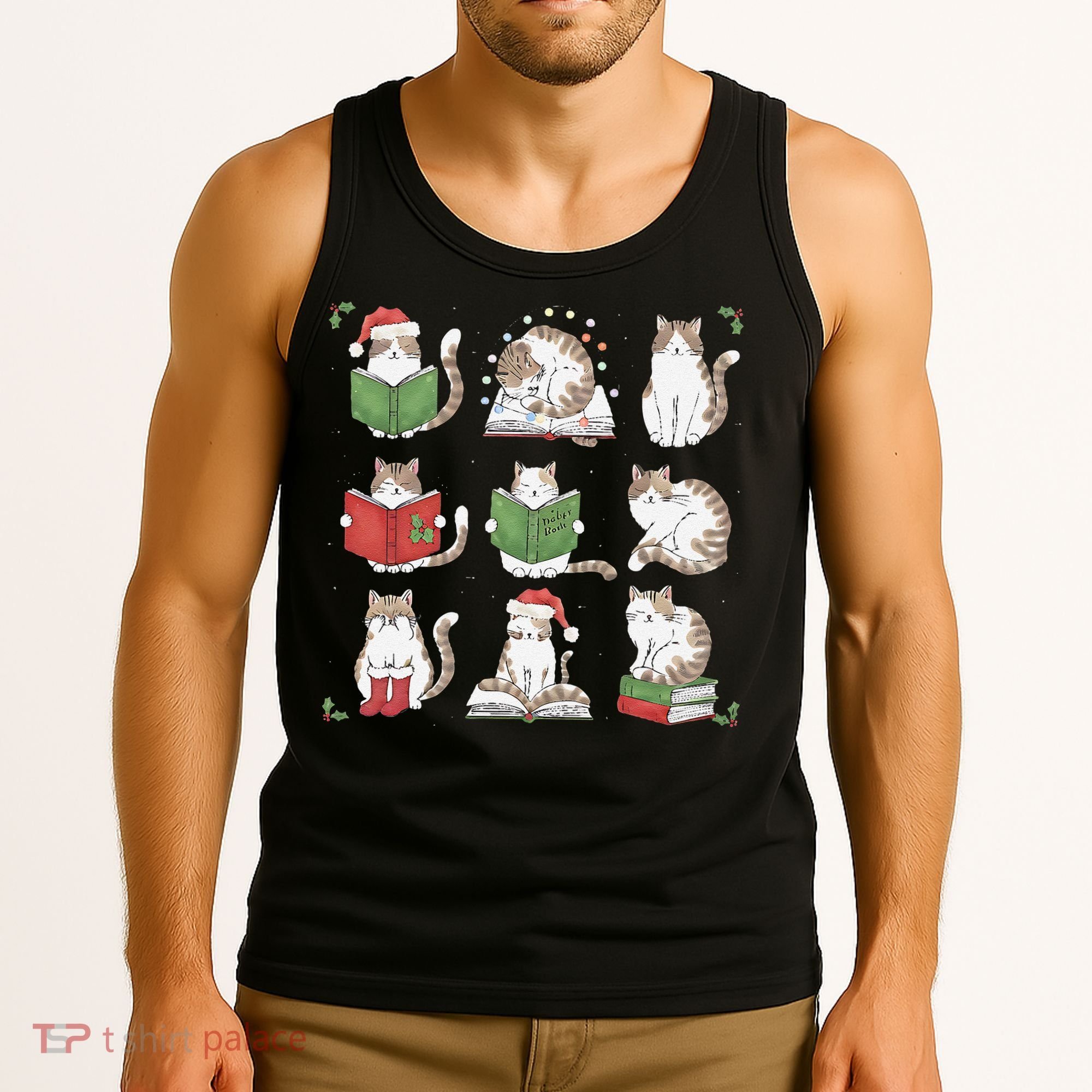 Cat Reading Book Funny Christmas Cat Book Lover Librarian Tank Top
