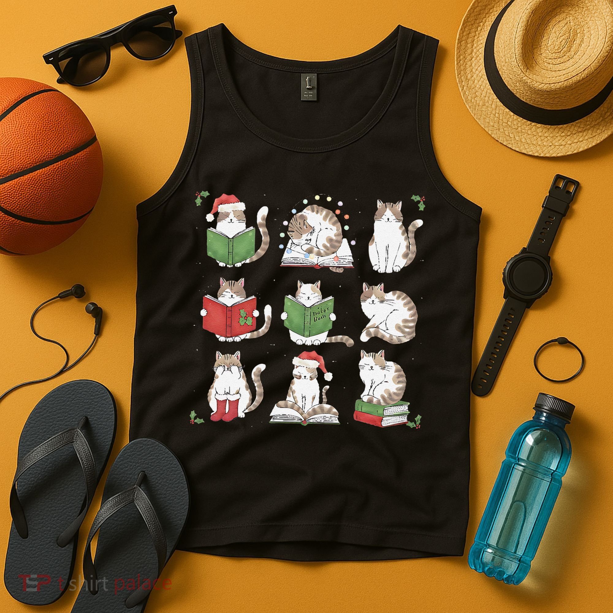 Cat Reading Book Funny Christmas Cat Book Lover Librarian Tank Top