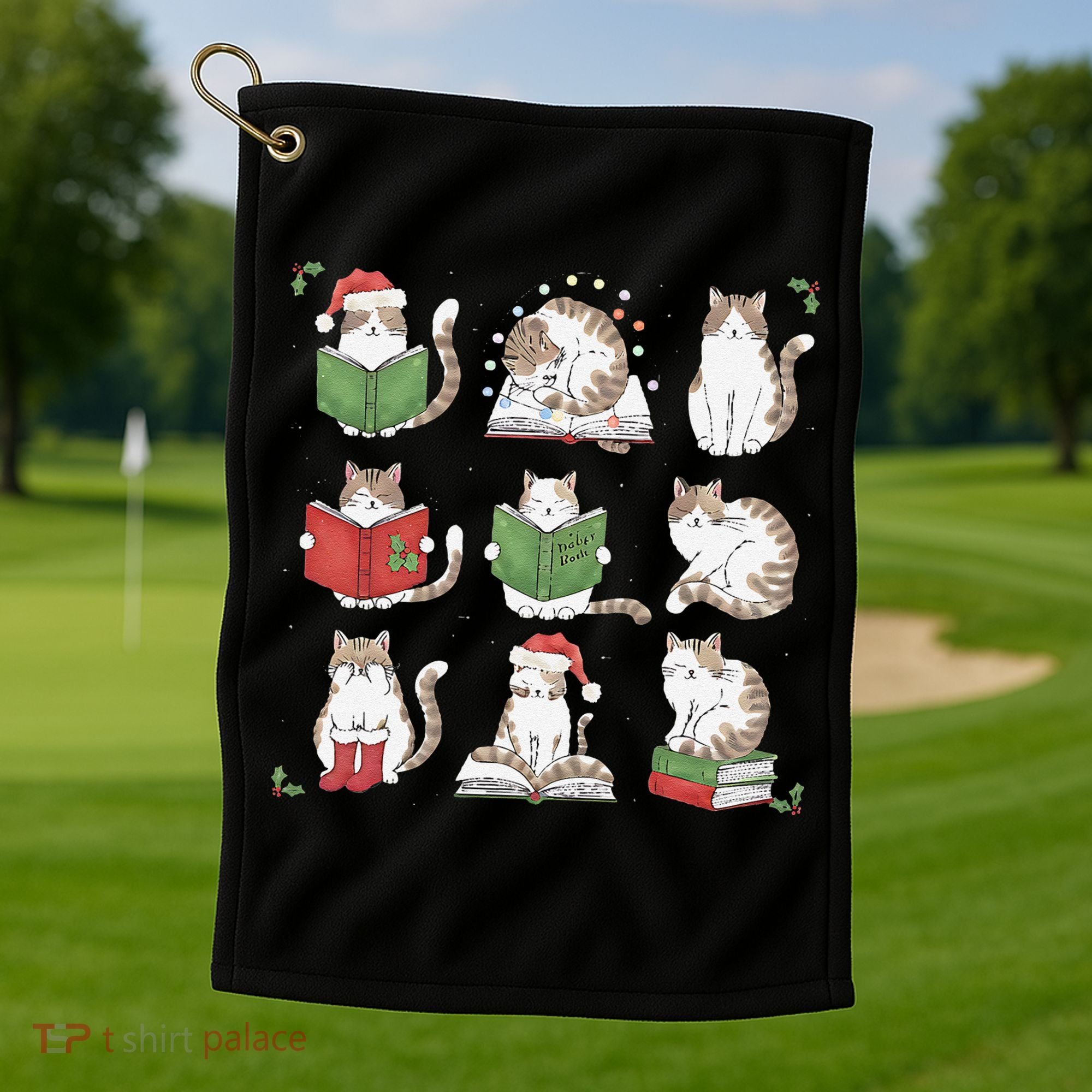 Cat Reading Book Funny Christmas Cat Book Lover Librarian Golf Towel