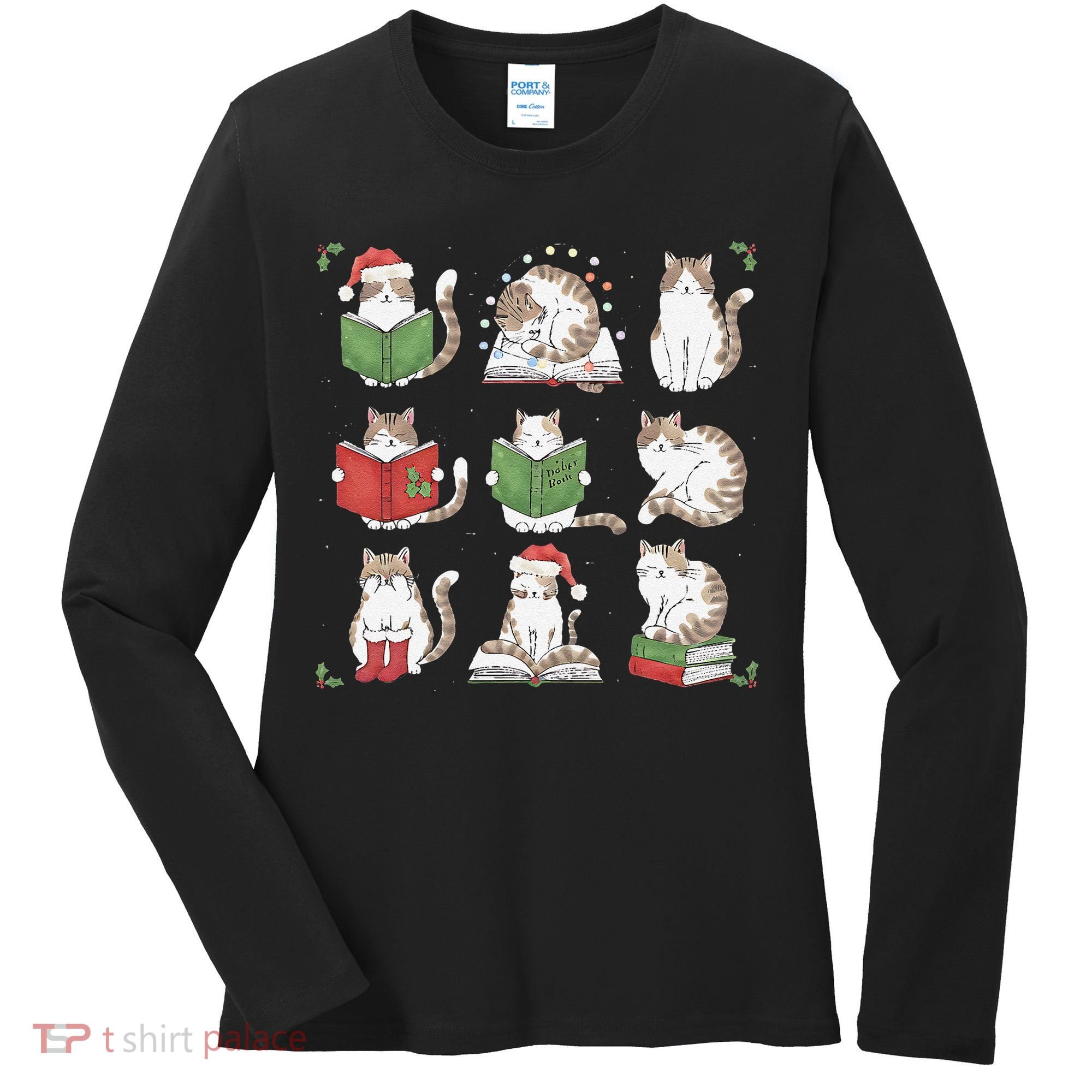 Cat Reading Book Funny Christmas Cat Book Lover Librarian Women's Long Sleeve Shirt