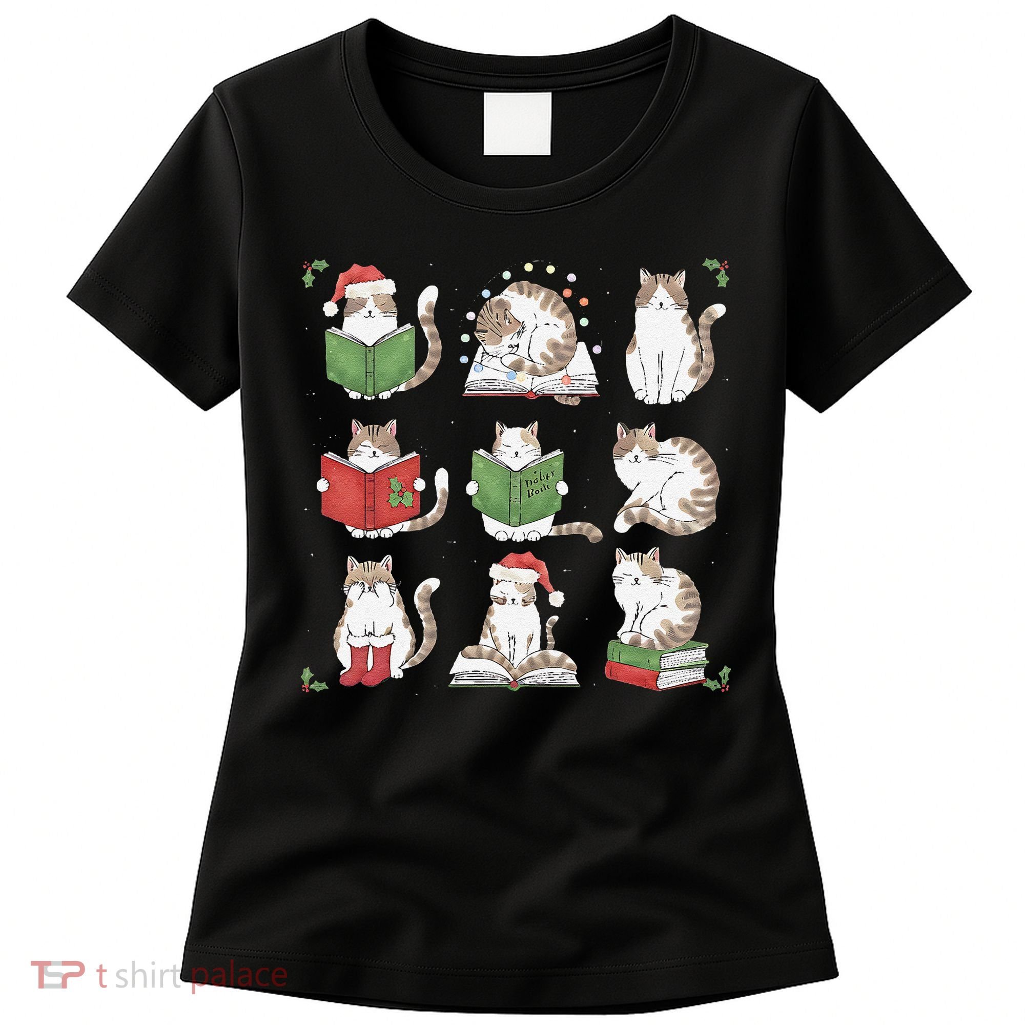 Cat Reading Book Funny Christmas Cat Book Lover Librarian Women's T-Shirt