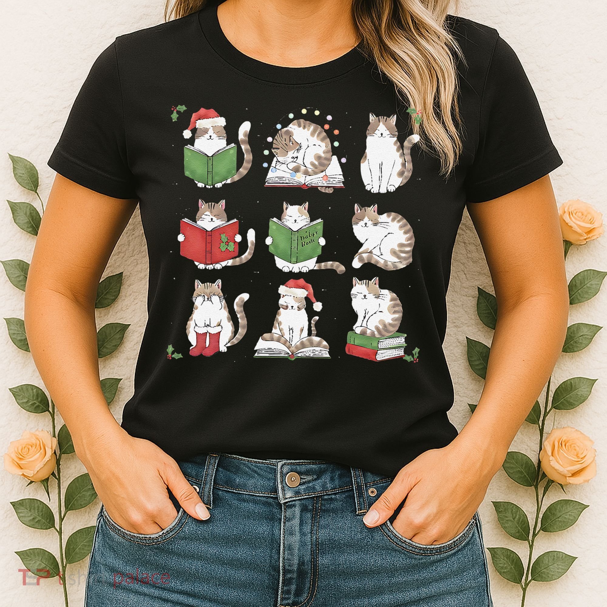 Cat Reading Book Funny Christmas Cat Book Lover Librarian Women's T-Shirt