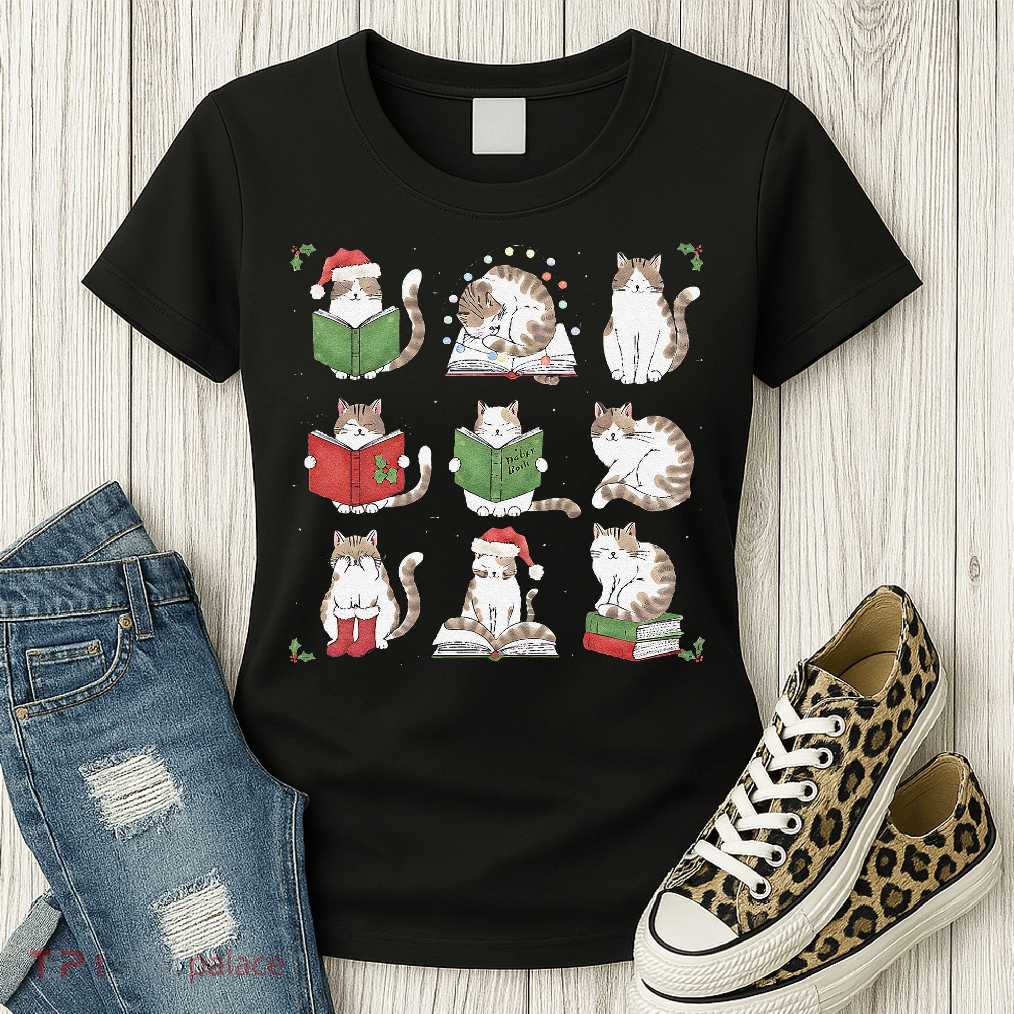 Cat Reading Book Funny Christmas Cat Book Lover Librarian Women's T-Shirt
