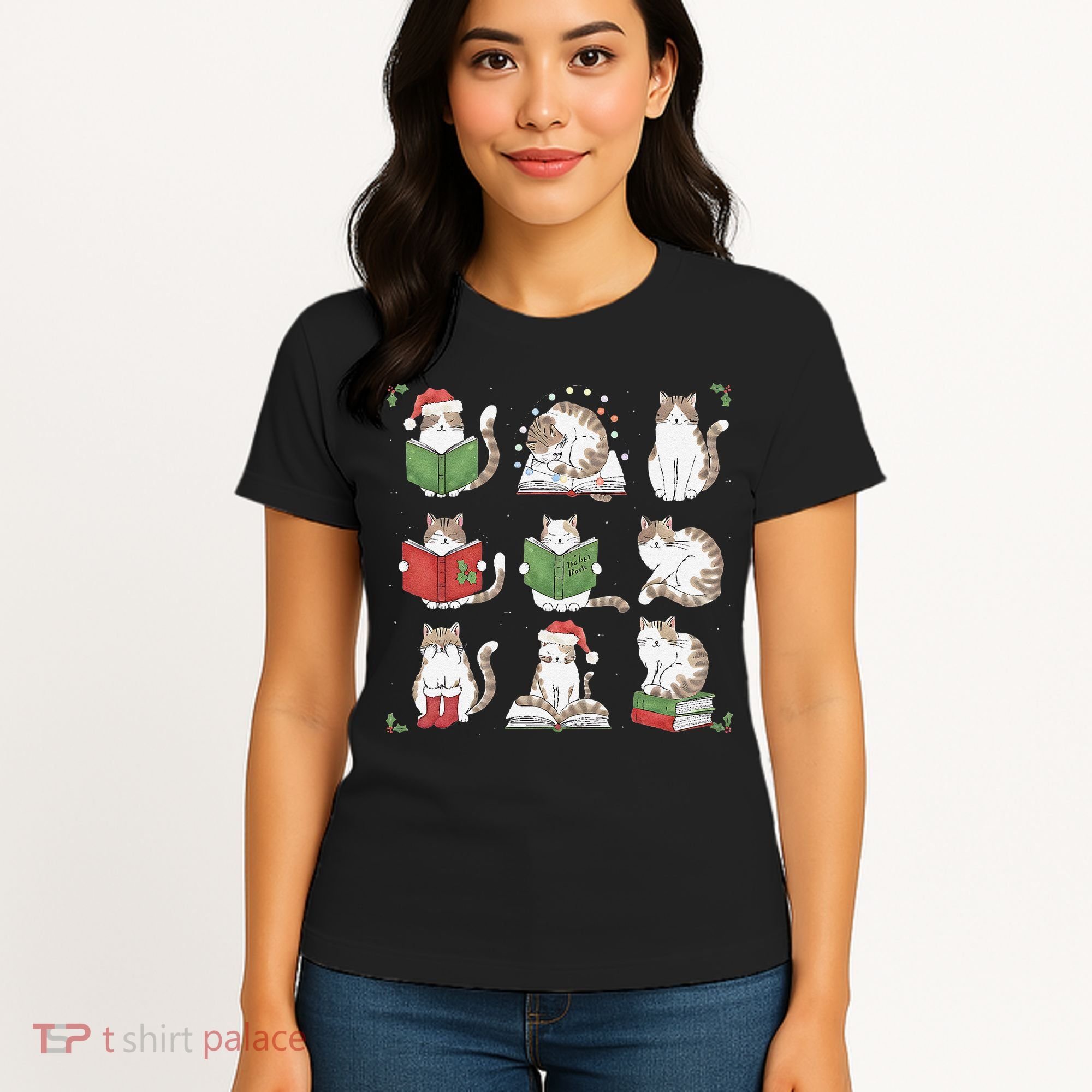 Cat Reading Book Funny Christmas Cat Book Lover Librarian Women's T-Shirt