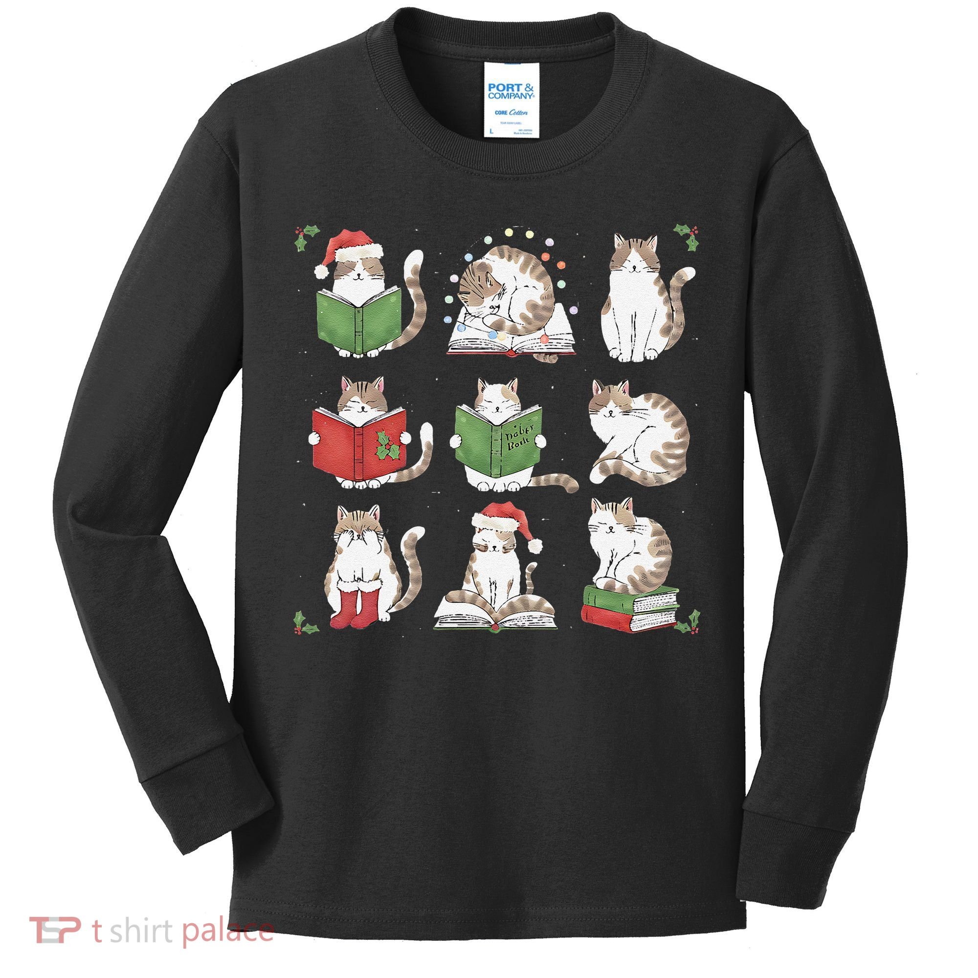 Cat Reading Book Funny Christmas Cat Book Lover Librarian Kids Long Sleeve Shirt