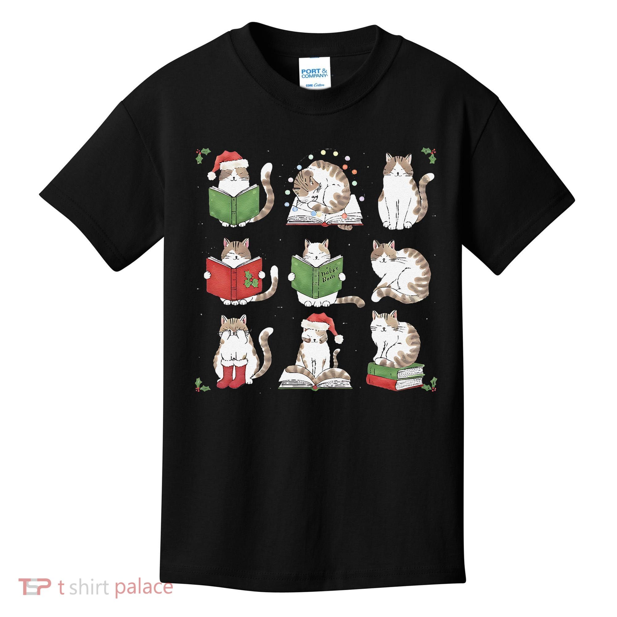 Cat Reading Book Funny Christmas Cat Book Lover Librarian Kids T-Shirt