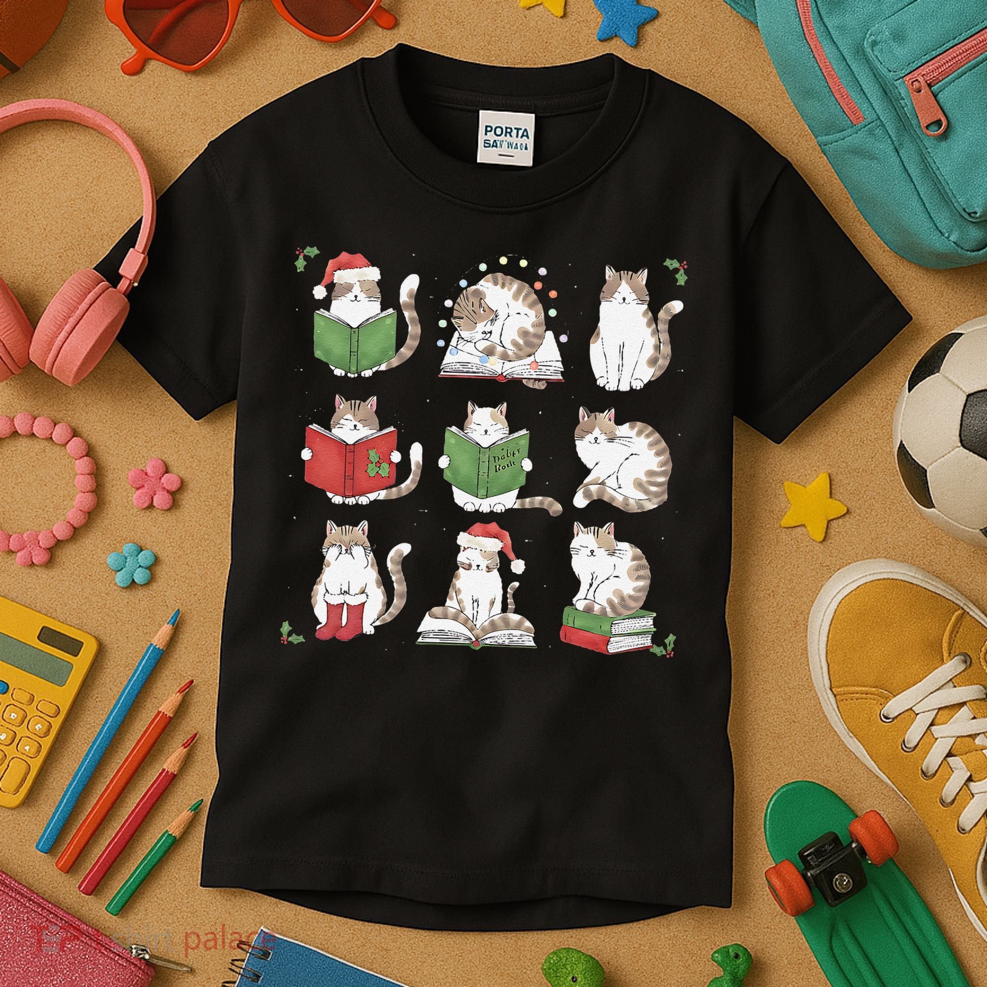 Cat Reading Book Funny Christmas Cat Book Lover Librarian Kids T-Shirt