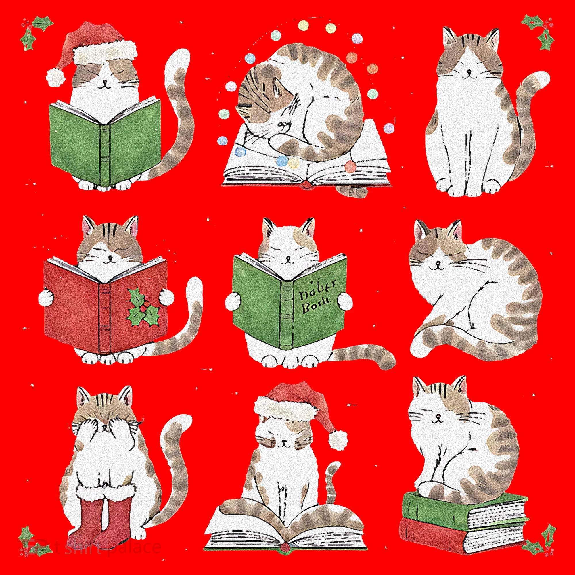 Cat Reading Book Funny Christmas Cat Book Lover Librarian Santa Hat