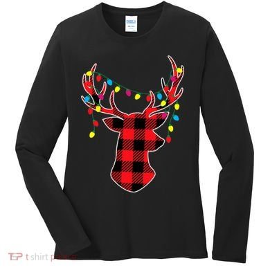 Classic Red & Black Christmas Buffalo Plaid Deer Women's Long Sleeve Shirt