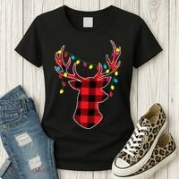 Classic Red & Black Christmas Buffalo Plaid Deer Women's T-Shirt thumb 3