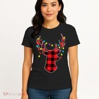Classic Red & Black Christmas Buffalo Plaid Deer Women's T-Shirt thumb 4