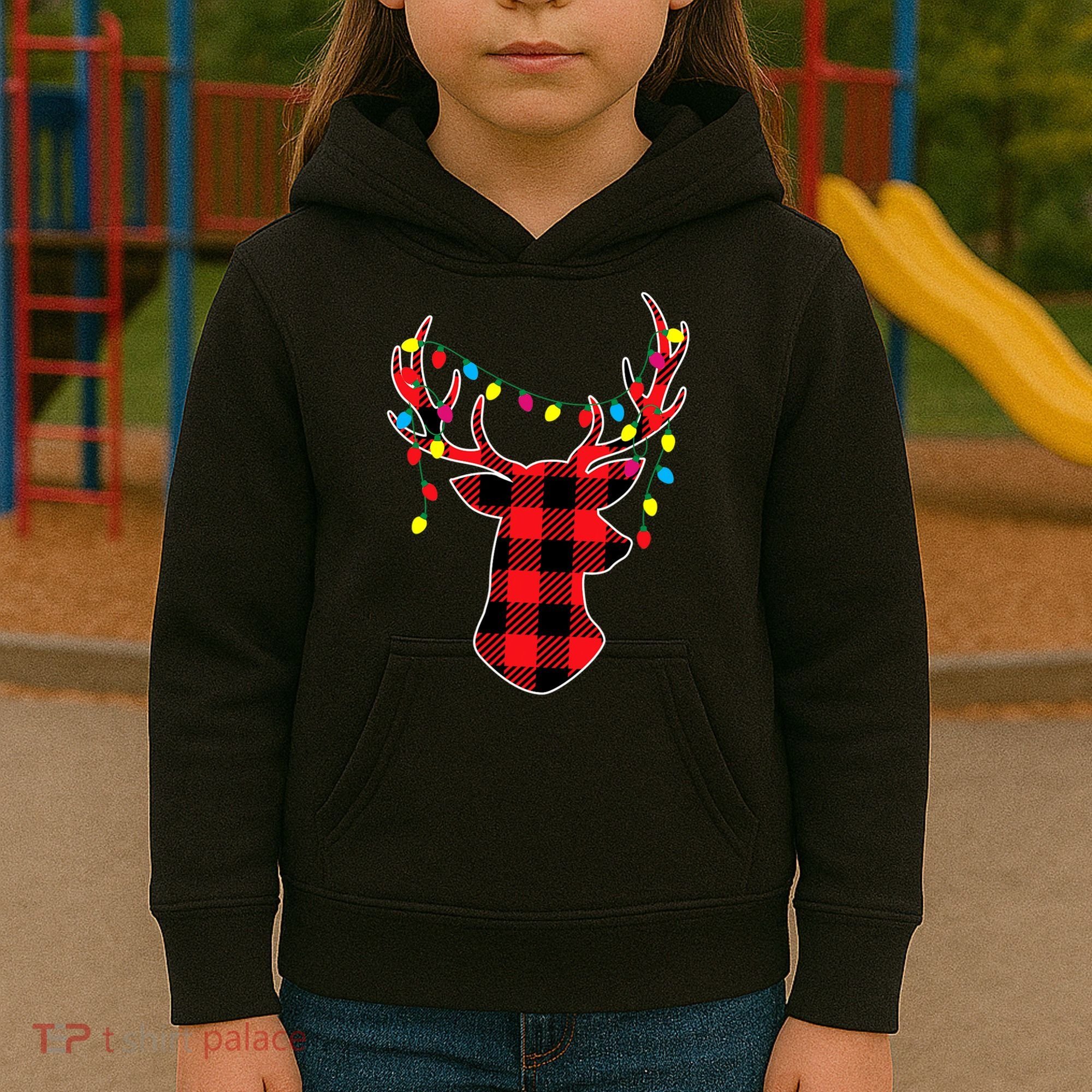 Classic Red & Black Christmas Buffalo Plaid Deer Kids Hoodie