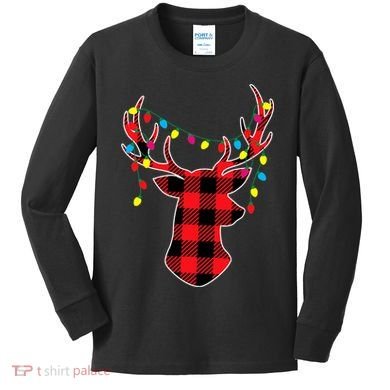 Classic Red & Black Christmas Buffalo Plaid Deer Kids Long Sleeve Shirt