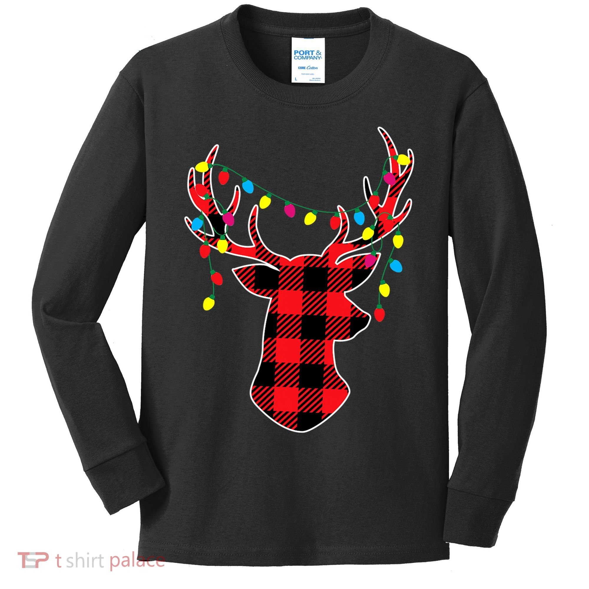 Classic Red & Black Christmas Buffalo Plaid Deer Kids Long Sleeve Shirt